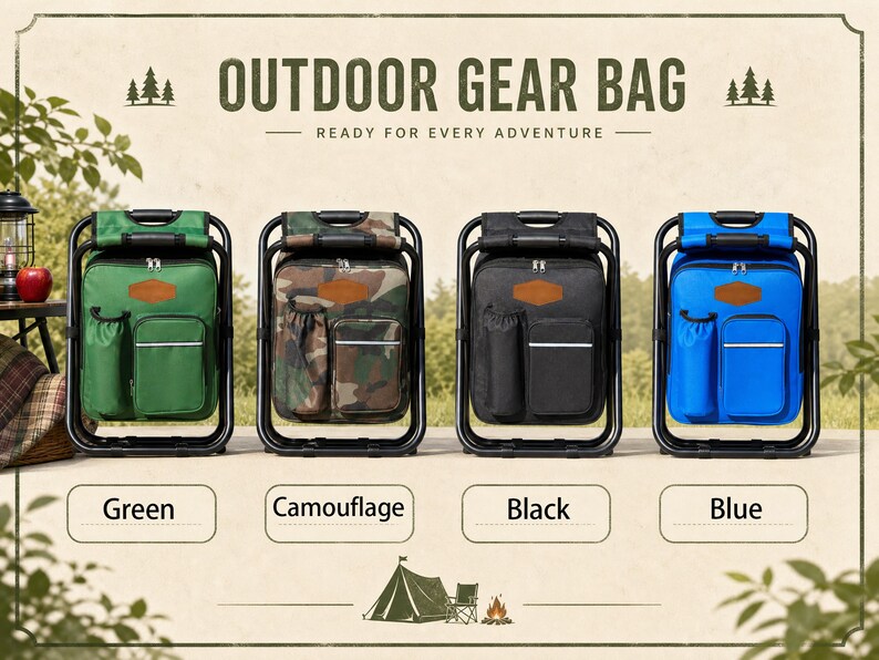 May include: Four outdoor gear bags with integrated folding stools, displayed in green, camouflage, black, and blue. Each bag features a main zippered compartment, a side pocket, and a front pocket with a reflective strip and a brown logo patch.
