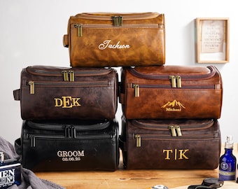 Personalized Embroidered Leather Toiletry Bag, Men's Dopp Kit, Groomsmen Gifts, Anniversary Gift, Father's Day Gift