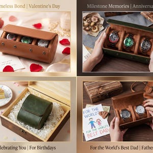 May include: A collection of watch storage cases including a tan leather roll for three watches, a green leather case for three watches, a single green leather watch pod in a wooden box, and a brown leather case for two watches with metal clasps.