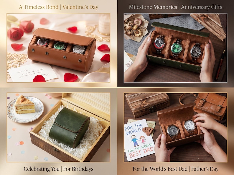 May include: A collection of watch storage cases including a tan leather roll for three watches, a green leather case for three watches, a single green leather watch pod in a wooden box, and a brown leather case for two watches with metal clasps.