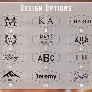 May include: A selection of design options for personalized items. The image displays twelve different design choices, each within a hexagonal frame. Designs include names, initials, and dates, all in a simple, elegant font.