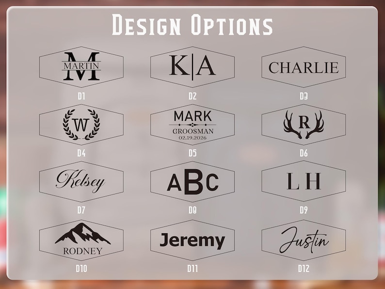May include: A selection of design options for personalized items. The image displays twelve different design choices, each within a hexagonal frame. Designs include names, initials, and dates, all in a simple, elegant font.