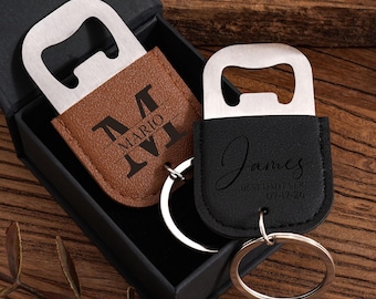 Custom leather keychain bottle opener, Engraved bottle opener with Gift Box, Groomsmen gift, Wedding party favor, Gift for Him