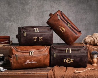 Personalized Embroidered Leather Toiletry Bag,Groomsmen Dopp Kit,Men's toiletry bag,Groomsmen Gifts,Travel Toiletry Bag,Anniversary Gift