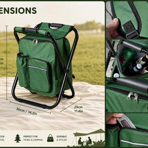 May include: A green backpack with an integrated black metal folding stool frame. The backpack features a front pocket, side pocket, and silver zippers. Dimensions are 20.1 inches high, 14.2 inches wide, and 11.4 inches deep. Includes strap detail.