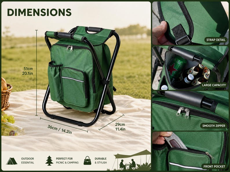 May include: A green backpack with an integrated black metal folding stool frame. The backpack features a front pocket, side pocket, and silver zippers. Dimensions are 20.1 inches high, 14.2 inches wide, and 11.4 inches deep. Includes strap detail.
