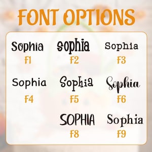 May include: A chart titled FONT OPTIONS displaying nine variations of the name Sophia in black text, labeled F1 through F9. Each entry showcases a distinct typeface style, ranging from serif and sans-serif to script and decorative lettering.