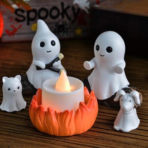 Ghost Campfire Gathering,Halloween Decor,Halloween Nightlight,Spooky Halloween Decor,Cute Ghost Figurine Set,Haunted Ghost Scene