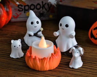 Rassemblement de fantômes autour d'un feu de camp,Décor d'Halloween,Veilleuse d'Halloween,Décor effrayant d'Halloween,Joli ensemble de figurines fantômes,Scène de fantôme hanté