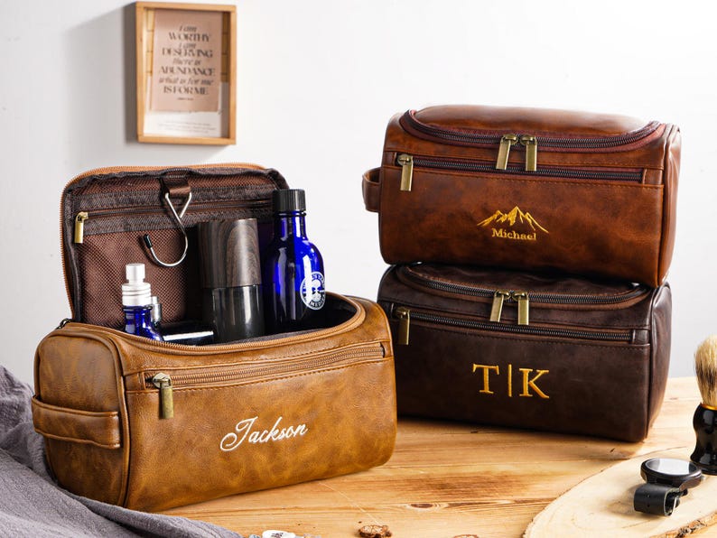 Personalized Men's Embroidered Leather Toiletry Bag, Groomsmen Dopp Kit, Groomsmen Gifts, Travel Toiletry Bag, Anniversary Gift for Him image 16