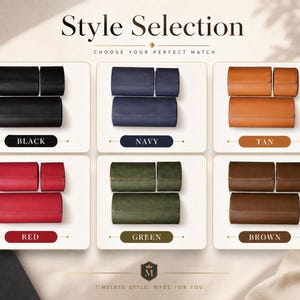 May include: A collection of six watch roll cases in black, navy, tan, red, green, and brown. Each set includes one large and two smaller rectangular cases with flaps. The image features the text Style Selection, Choose Your Perfect Match, and Timeless Style, Made For You.