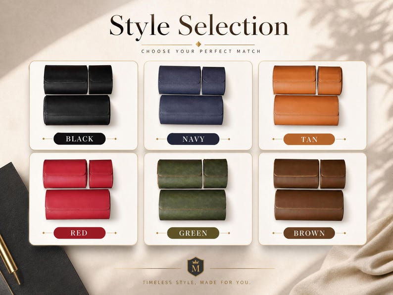 May include: A collection of six watch roll cases in black, navy, tan, red, green, and brown. Each set includes one large and two smaller rectangular cases with flaps. The image features the text Style Selection, Choose Your Perfect Match, and Timeless Style, Made For You.