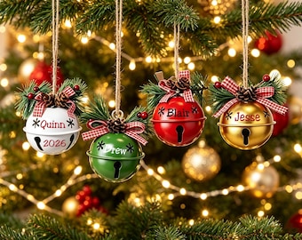 Personalized Metal Christmas Bell Ornament, Custom Sticker Name Tree Bell, Christmas Tree Hanging Decoration, Holiday Keepsake Gift