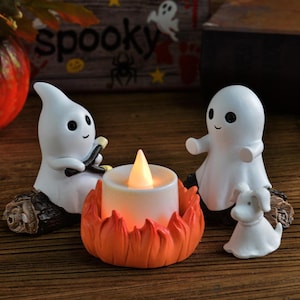 Ghost Campfire Gathering,Spooky Halloween Decor,Halloween Decor,Halloween Nightlight,Cute Ghost Figurine Set,Haunted Ghost Scene