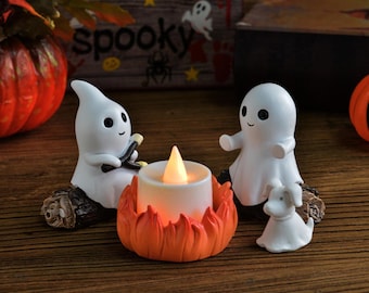Rassemblement de fantômes autour d'un feu de camp, Déco d'Halloween effrayante, Déco d'Halloween, Veilleuse d'Halloween, Ensemble de figurines fantômes mignons, Scène de fantôme hanté