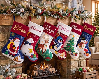 Personalized Appliqué Christmas Stocking, Custom Embroidered Name Stockings, Velvet Cuff, Mantel Holiday Decor, Family Xmas Keepsake Gift