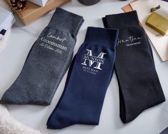 Personalized Wedding Socks for Groom, Custom Name & Date Socks, Monogrammed Men's Dress Socks, Groomsmen Gifts, Wedding Socks, Gift for him