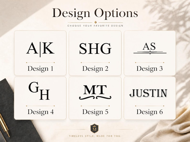 May include: A grid of six design options for custom monograms and names. The text reads Design Options, Choose Your Favorite Design, Design 1 A|K, Design 2 SHG, Design 3 AS, Design 4 GH, Design 5 MT, Design 6 JUSTIN, and Timeless Style, Made For You.