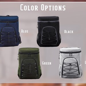 May include: Image showing four insulated cooler backpacks in blue, black, green, and grey. Each backpack has a front pocket with bungee cord detailing and side mesh pockets. The text "COLOR OPTIONS" is at the top.