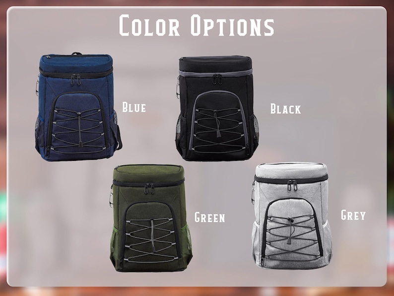 May include: Image showing four insulated cooler backpacks in blue, black, green, and grey. Each backpack has a front pocket with bungee cord detailing and side mesh pockets. The text "COLOR OPTIONS" is at the top.
