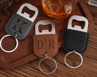 Custom leather keychain bottle opener, Engraved bottle opener with Gift Box, Wedding party favor, Groomsmen gift, Gift for Him