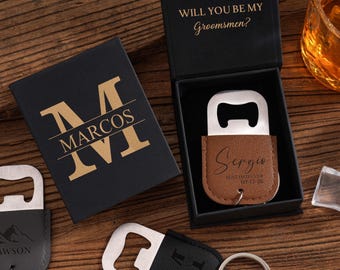 Custom leather keychain bottle opener, Engraved bottle opener with Gift Box, Groomsmen gift, Wedding party favor, Gift for Him