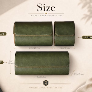 May include: Three dark green watch rolls with flap closures, labeled as 1, 2, and 3 slot options. Dimensions are provided: the 2-slot roll is 6.2 inches wide, the 1-slot is 3.2 inches wide, and the 3-slot roll is 9 inches wide by 4 inches high.
