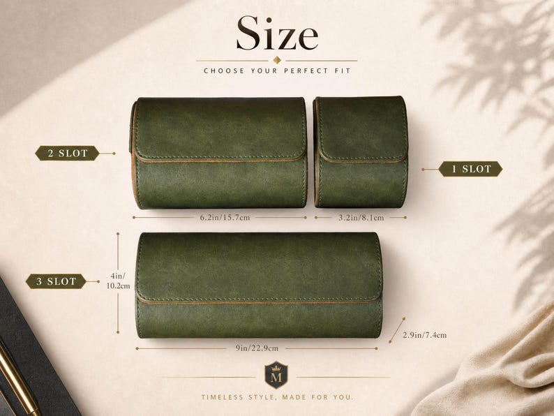 May include: Three dark green watch rolls with flap closures, labeled as 1, 2, and 3 slot options. Dimensions are provided: the 2-slot roll is 6.2 inches wide, the 1-slot is 3.2 inches wide, and the 3-slot roll is 9 inches wide by 4 inches high.