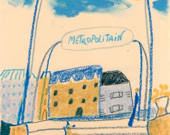 Originele olieverftekening, straatkunst uit Parijs, illustratie van de Franse metro, klein kunstwerk