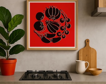 Heirloom Tomato Botanical Art Print – Minimalist Red Kitchen Wall Decor – Digital Download