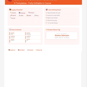 Peut inclure: Ensemble de modèles numériques pour la rentrée scolaire, comprenant une liste de fournitures, une feuille de fixation des objectifs, un emploi du temps et une étiquette de nom d'élève. Le design comprend des éléments orange et blancs avec le texte "Back to School Bundle".