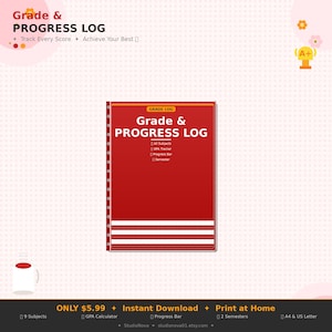 Peut inclure: Un carnet de suivi des notes et de la progression de couleur rouge avec le texte blanc Grade & Progress Log, All Subjects, GPA Tracker, Progress Bar et Semester. Le carnet présente une marge de reliure à gauche avec des perforations et trois bandes blanches horizontales en bas.