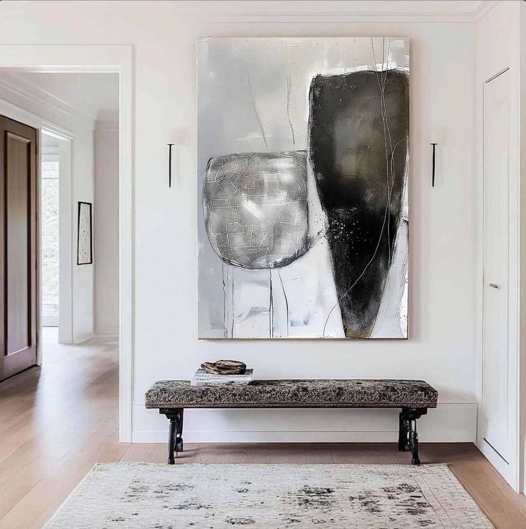 Abstract Black White Geometric Oil Painting - Minimalist Modern Art for ...