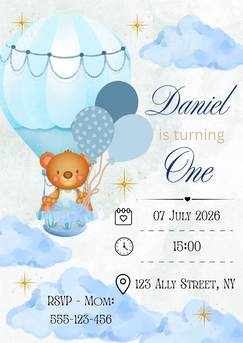 Teddy Bear First Birthday Invitation, Blue Balloon Boy Party Invite ...