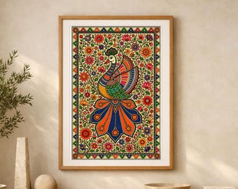 May include: A rectangular wall art print featuring a central peacock illustration with vibrant orange, blue, and green plumage, surrounded by a dense pattern of colourful flowers and leaves, all enclosed within a decorative geometric border.