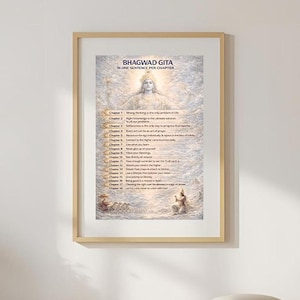 May include: A framed print of the Bhagavad Gita hangs on a white wall. The print has a light-colored wooden frame and features text and illustrations. A wooden bench, pillows, and plants in woven baskets complete the room's decor.