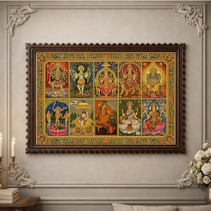 May include: A rectangular wall art piece in a dark brown ornate frame featuring ten distinct colourful panels depicting various Hindu deities and mythological scenes, each framed by a decorative gold and floral border on a dark background.