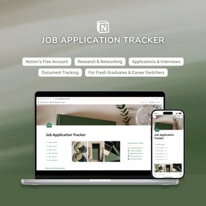 May include: A digital job application tracker template displayed on a laptop and smartphone screen. The interface features sections for research, networking, document tracking, and interviews, with the text Job Application Tracker visible.