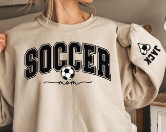 Custom Soccer Mom Kids Name On Sleeve Sweatshirt, Personalized Mom Soccer Sweater, Soccer Mama Shirt, Gift for Mom, Fall Soccer Season Shirt