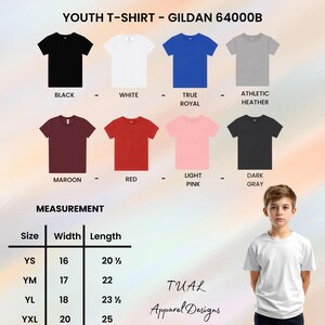 May include: A product image showcasing a variety of youth t-shirts in different colors, including black, white, and red. The image also displays size measurements, with a YS size having a width of 16 inches and a length of 20 1/2 inches. The brand name "TUAL Apparel Designs" is also visible.