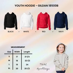 Pode incluir: Hoodies juvenis em preto, branco, vermelho e azul marinho s&atilde;o exibidos. Uma tabela de medidas detalha os tamanhos S a XL, com larguras e comprimentos em cm. O texto "YOUTH HOODIE - GILDAN 18500B" est&aacute; no topo.