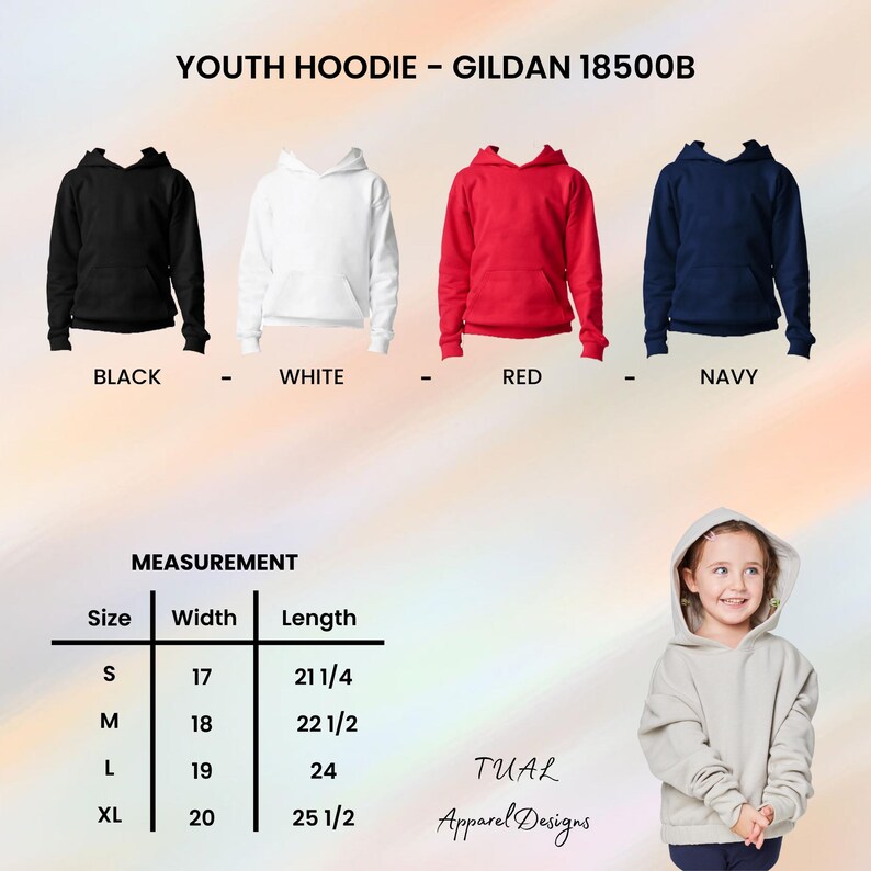 Pode incluir: Hoodies juvenis em preto, branco, vermelho e azul marinho s&atilde;o exibidos. Uma tabela de medidas detalha os tamanhos S a XL, com larguras e comprimentos em cm. O texto "YOUTH HOODIE - GILDAN 18500B" est&aacute; no topo.