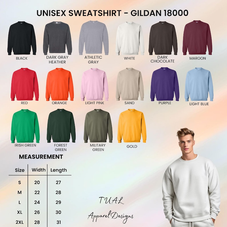 Pode incluir: Uma variedade de camisolas unissexo Gildan 18000 em v&aacute;rias cores, incluindo preto, cinzento, branco, vermelho, laranja e verde. As medidas s&atilde;o fornecidas em polegadas para os tamanhos S a 2XL. O texto "TUAL Apparel Designs" tamb&eacute;m &eacute; vis&iacute;vel.