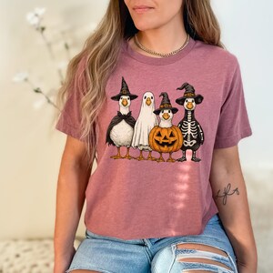 May include: A mauve-colored t-shirt featuring a Halloween-themed graphic. The graphic depicts four cartoon ducks dressed in Halloween costumes: a witch, a ghost, a jack-o'-lantern, and a skeleton. The ducks are standing side by side, with their costumes in detail.