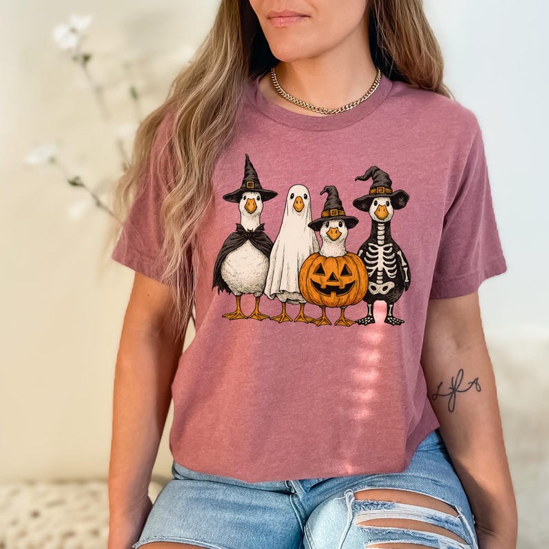 May include: A mauve-colored t-shirt featuring a Halloween-themed graphic. The graphic depicts four cartoon ducks dressed in Halloween costumes: a witch, a ghost, a jack-o'-lantern, and a skeleton. The ducks are standing side by side, with their costumes in detail.