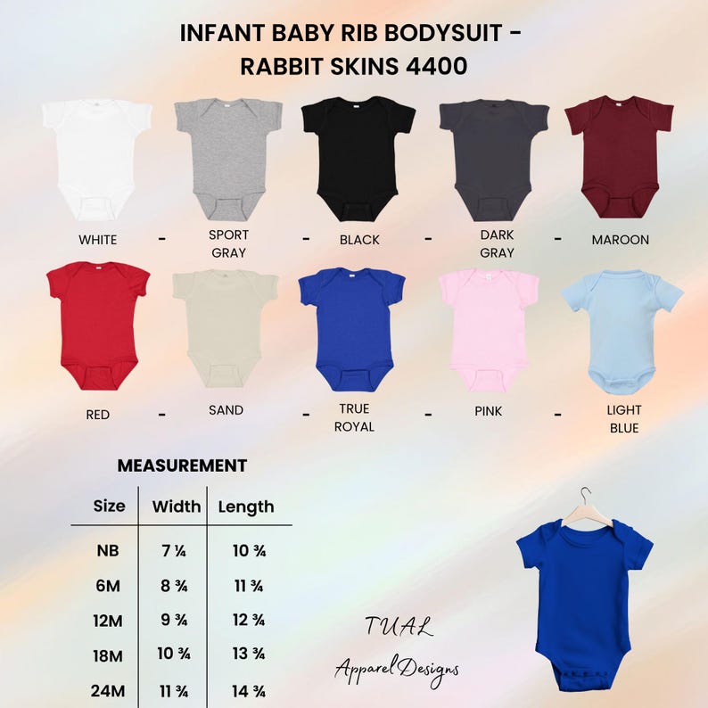 May include: A collection of infant baby rib bodysuits in various colors, including white, gray, black, red, and blue. The image displays the Rabbit Skins 4400 style, with size and measurement details. The bodysuits are available in sizes NB to 24M.