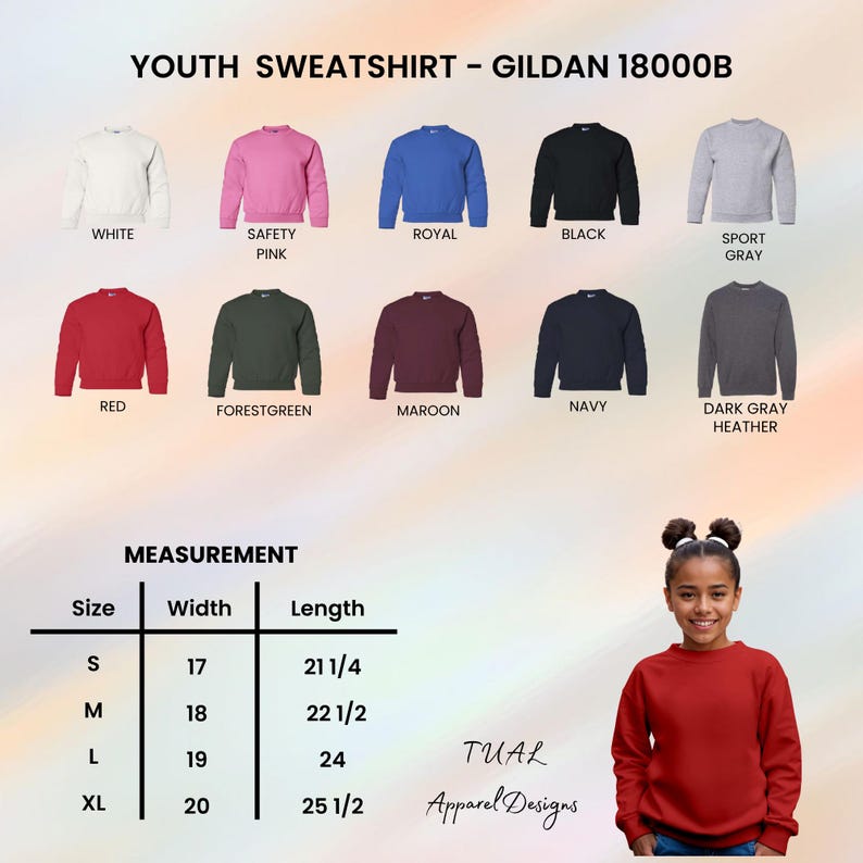 Pode incluir: Uma camisola juvenil em v&aacute;rias cores, incluindo branco, rosa, azul royal, preto e cinza. A imagem exibe uma tabela de tamanhos com medidas em polegadas e o texto "YOUTH SWEATSHIRT - GILDAN 18000B". Uma jovem est&aacute; vestindo uma camisola vermelha.
