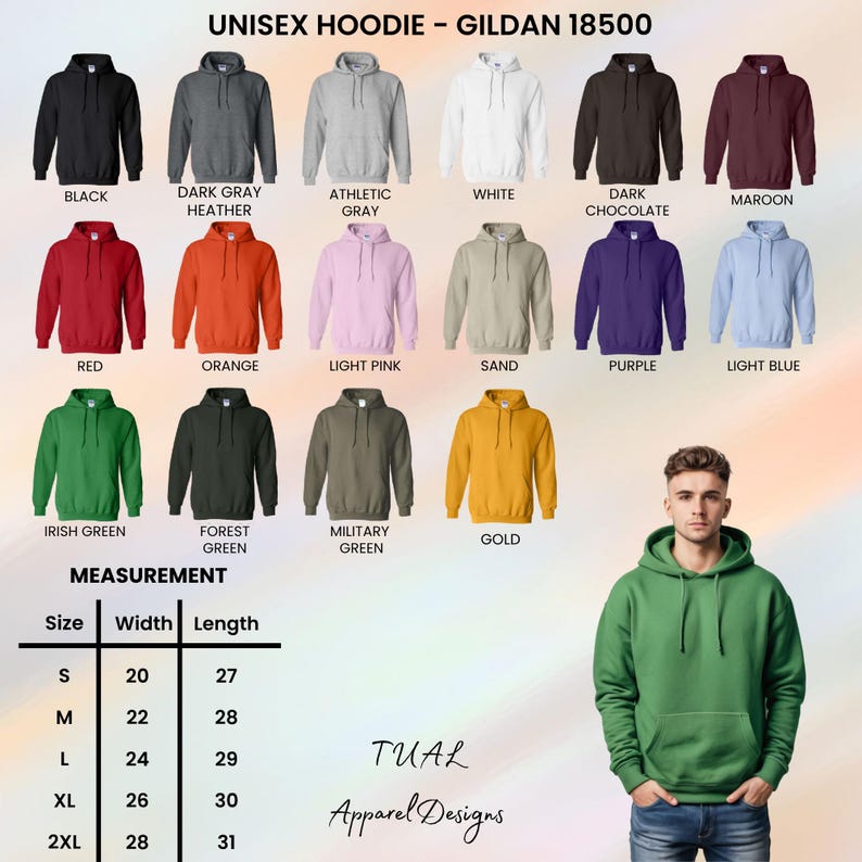 Pode incluir: Uma variedade de hoodies unissexo em v&aacute;rias cores, incluindo preto, cinzento e vermelho. A imagem apresenta uma tabela de tamanhos com medidas em cent&iacute;metros e o texto "UNISEX HOODIE - GILDAN 18500" e "TUAL Apparel Designs".