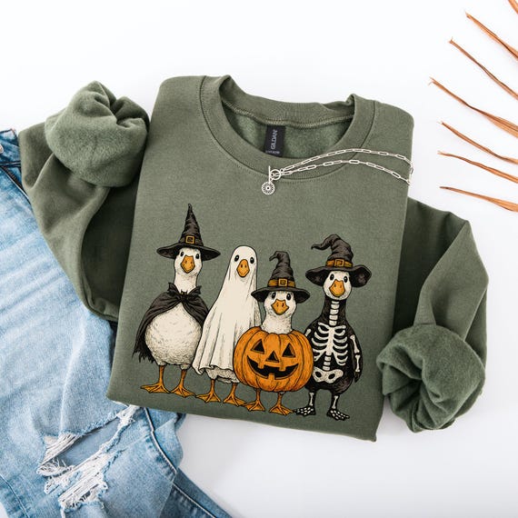 Cute Halloween Duck Shirt, Cute Fall Sweatshirt, Funny Goose Pumpkin Ghost Skeleton Sweatshirt, Spooky Season Shirt, Duck Halloween Costume