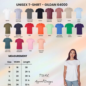 May include: A product image showcasing a variety of Gildan 64000 unisex t-shirts in various colors, including white, black, red, and blue. The image also displays a measurement chart with sizes ranging from S to 2XL, with widths from 18 to 26 inches and lengths from 28 to 32 1/2 inches.